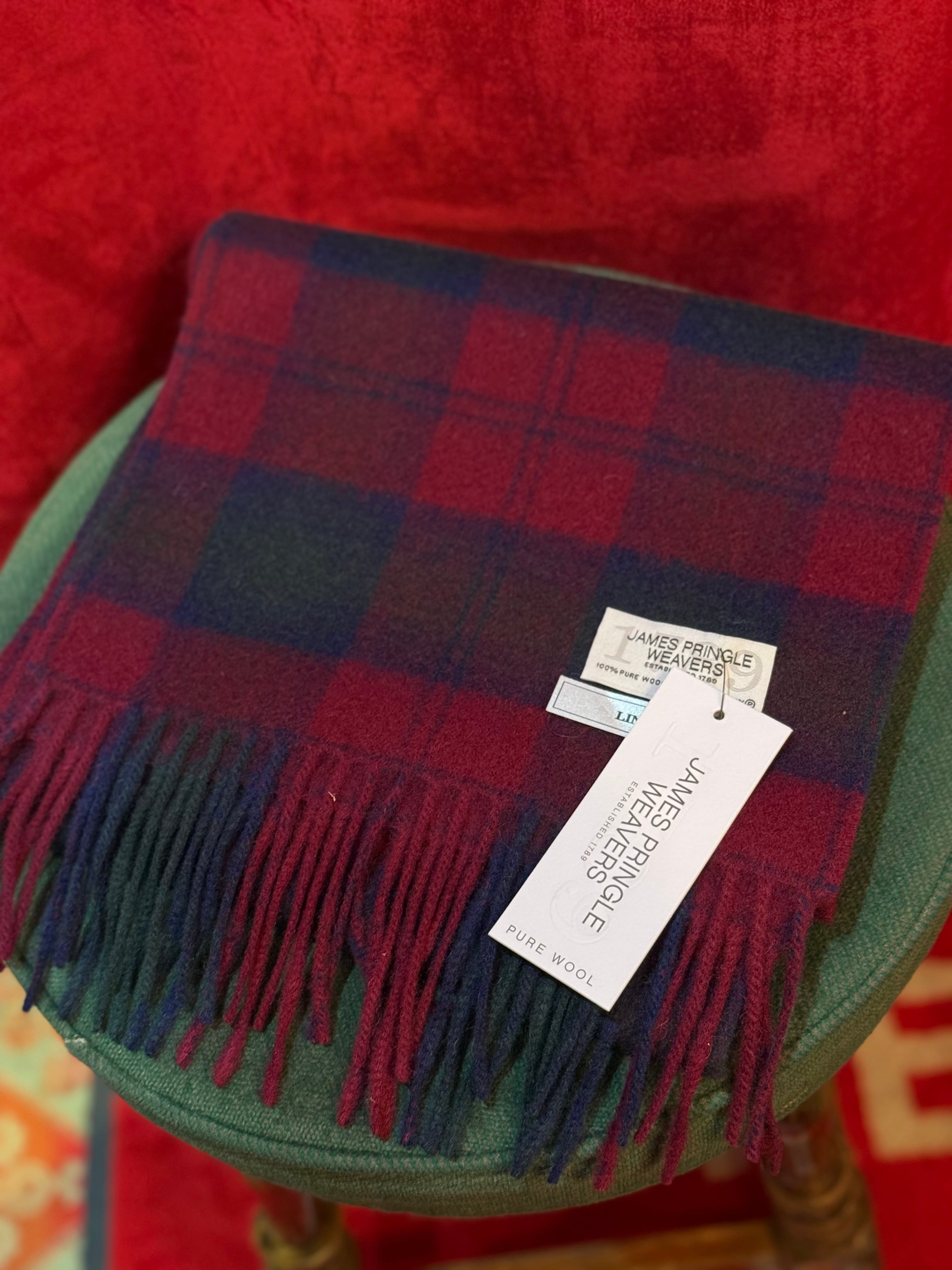 英国 ウール チェックマフラー/エンジ