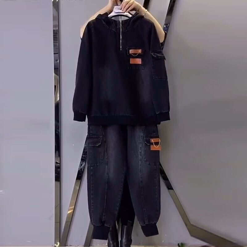 スプリングフードジッパーセーター スタイルパンツ 大きめサイズ 春物 ミックスインファッション28131030231