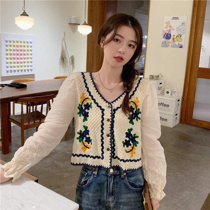 オータムニットセーター スタンダード刺繍Vネックルーズ薄手スリーブショートトップス レトロ 秋物 1号婦人694289753