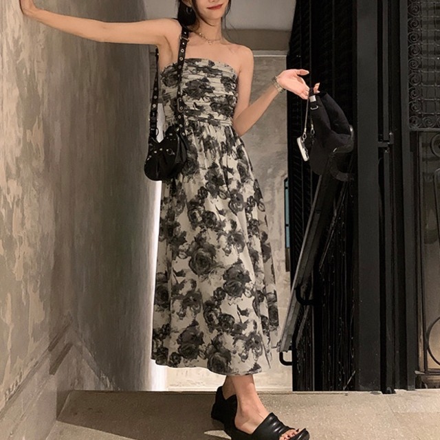 tube top rose print dress　10295