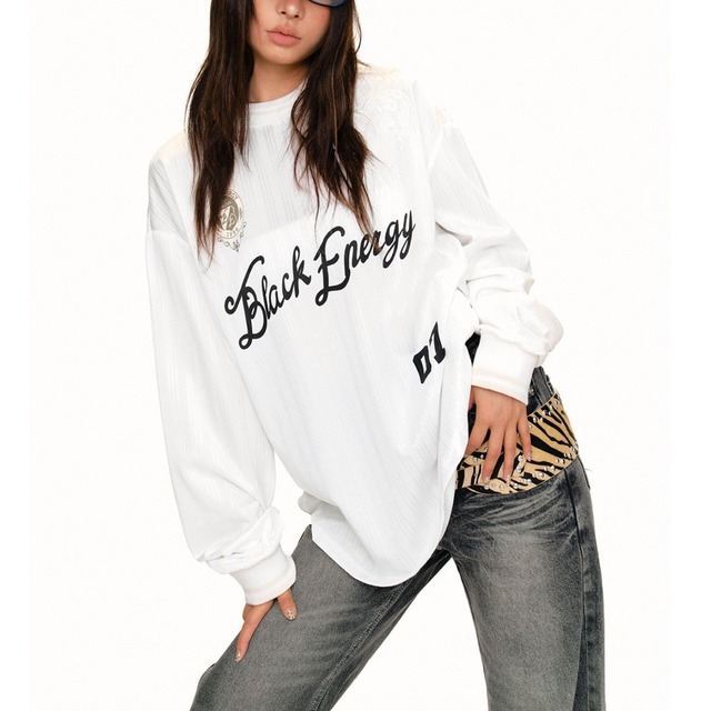 レトロレタリンググラフィックリブテクスチャーロングスリーブTシャツ 2col   R02559