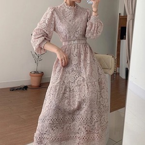 ［フリーサイズ］Aラインレースドレス［Blue,Pink,White,Black］