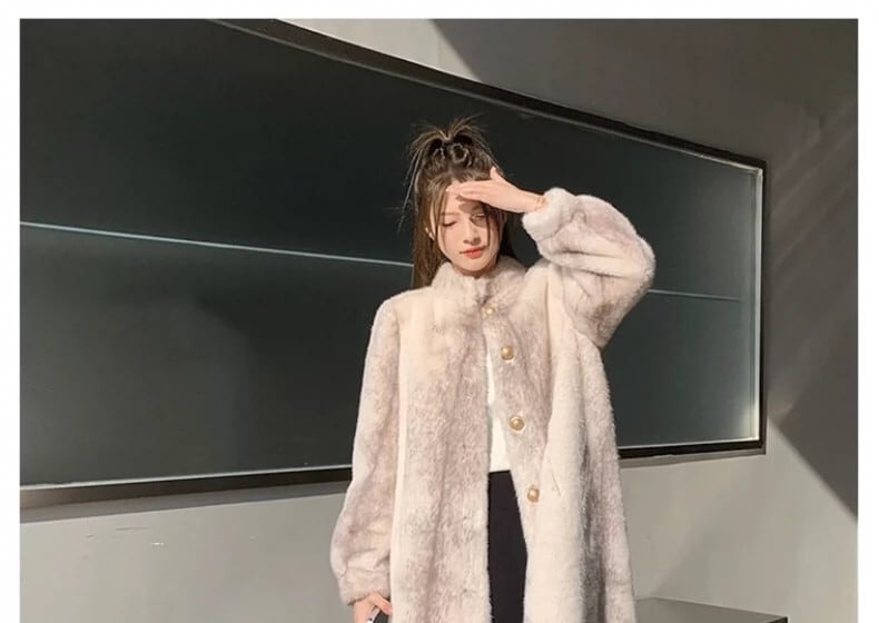 魅惑のホワイト ミンク ロング グレージュ 女優コート 横段デザイン 