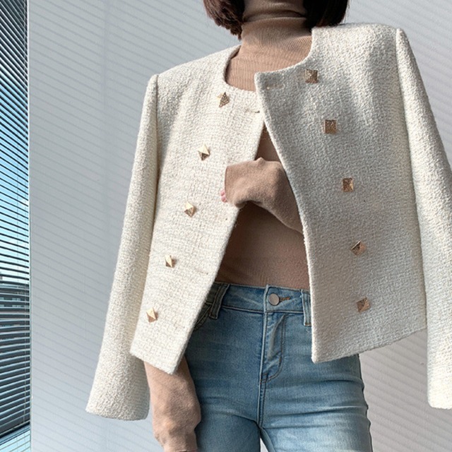 Square gold button tweed jacket A462