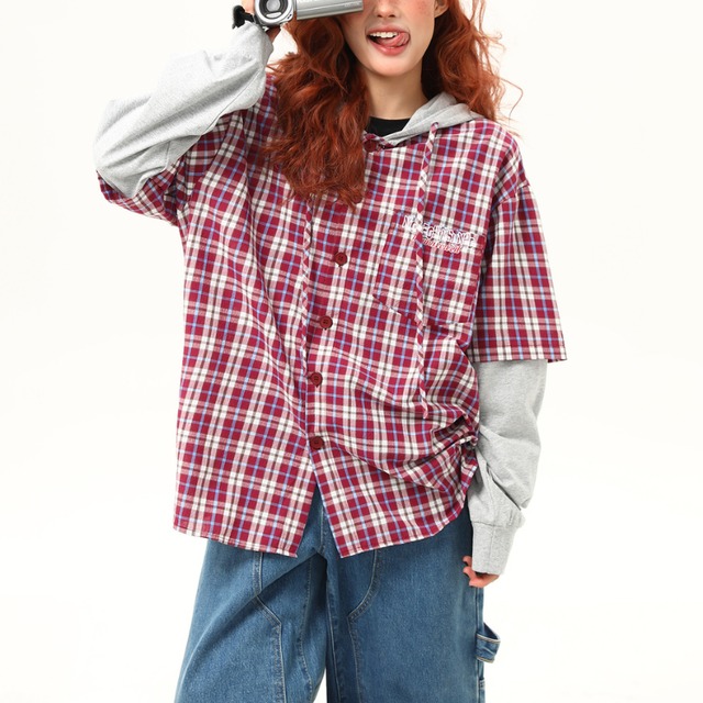 layered hooded color check shirt　レイヤードフード付きカラーチェックシャツ　J1298