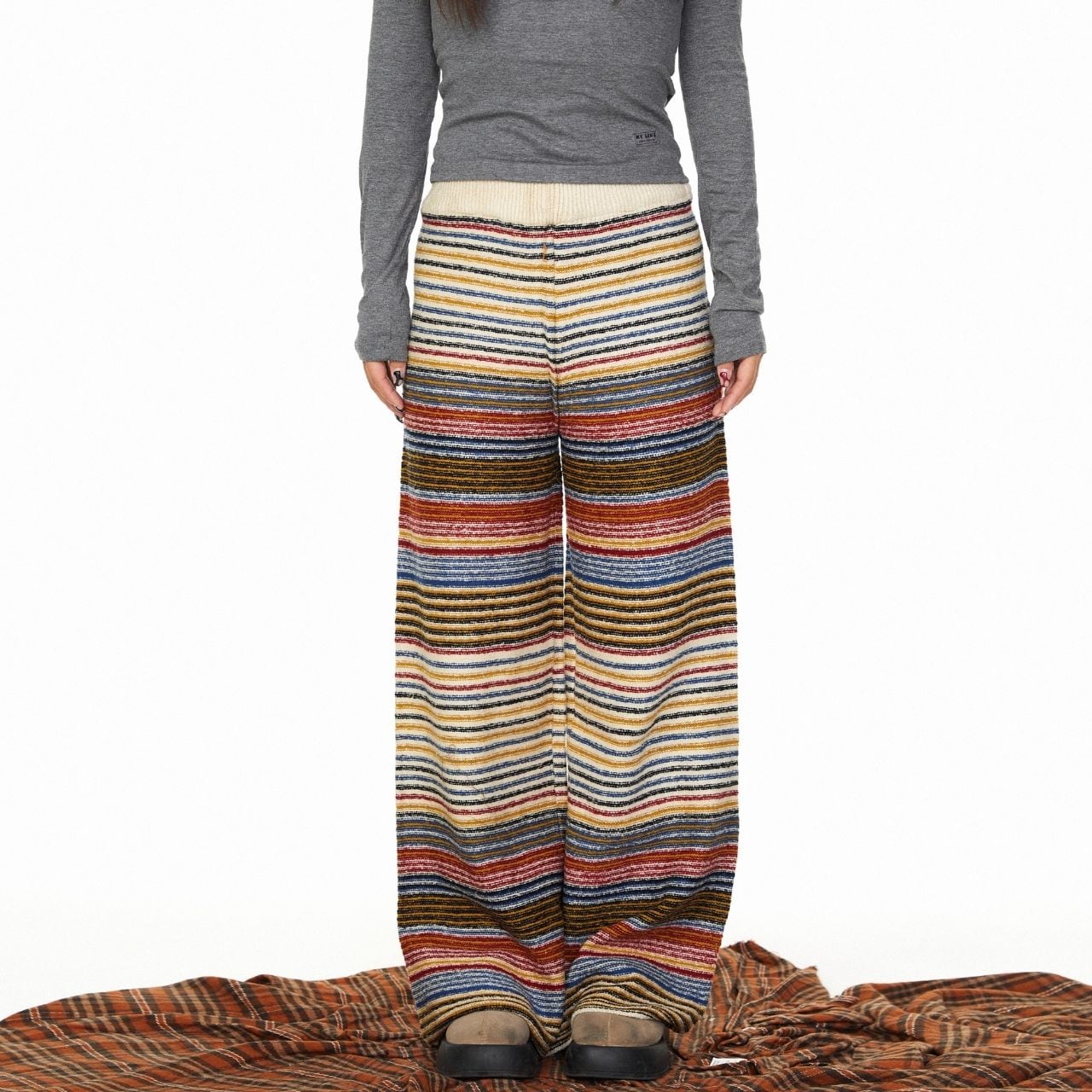 マルチボーダーリラックスワイドパンツ 2col R01290