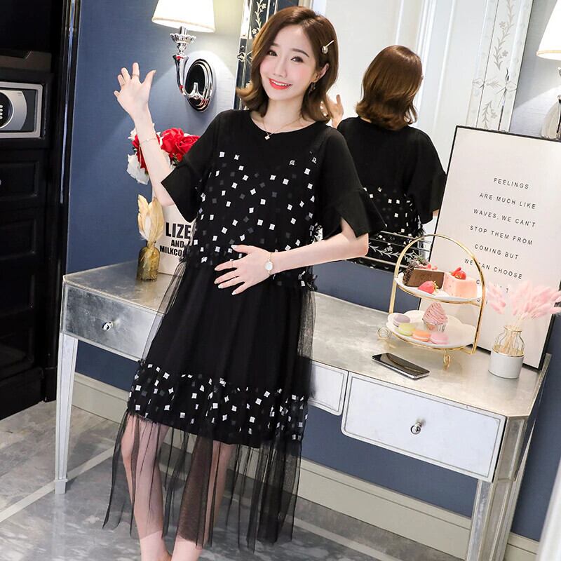 【新作】【送料無料】 マタニティドレスサマードレス新セットメッシュ糸ルーズマタニティコンドルベルトドレス2枚 夏物 ハーネス AL expec311376790631