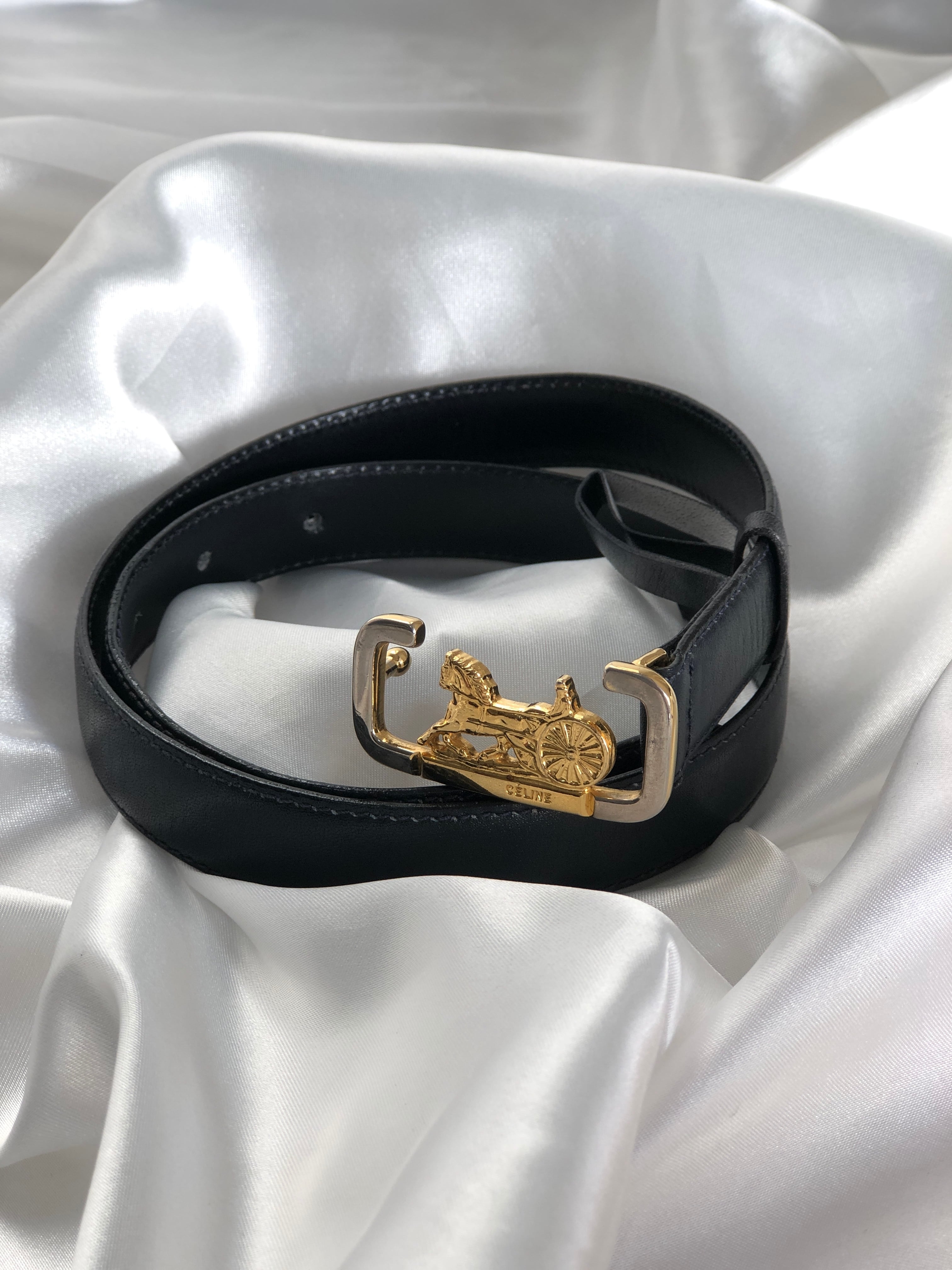 CELINE セリーヌ ホースキャリッジ レザー ベルト ネイビー vintage ヴィンテージ オールド zmr5za