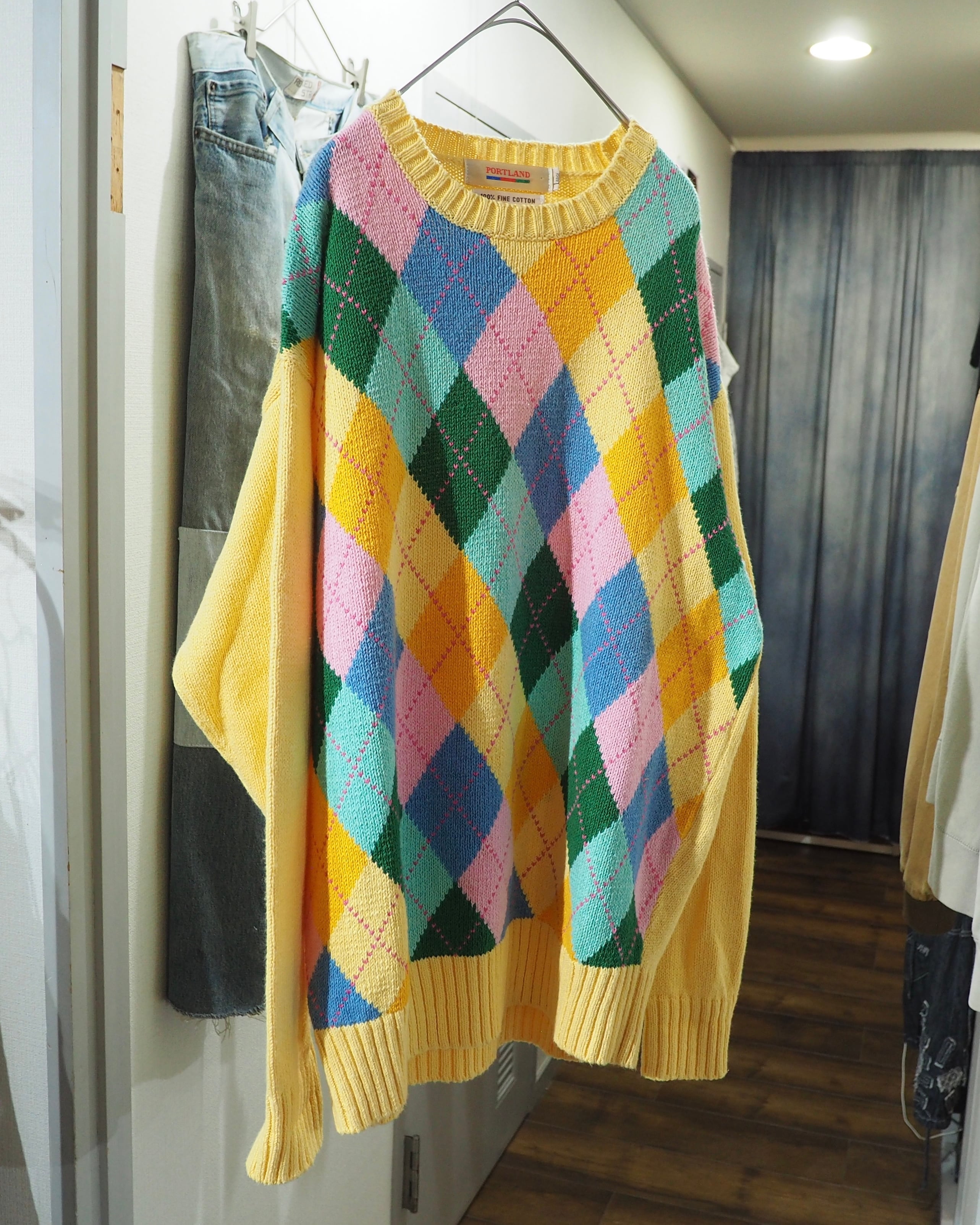1990s ” Fine Cotton ” Colorful Pastel Argyle Pattern Vintage Knit