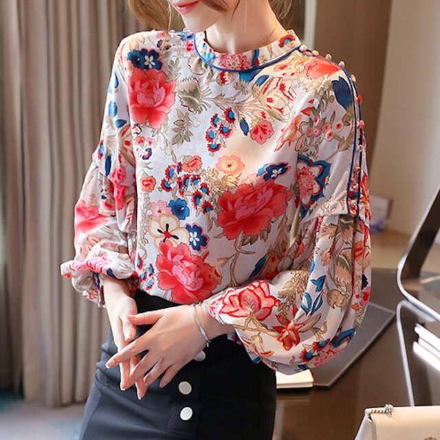 S/M/L/XL レディース トップス ランタン袖 ボリューム袖 エレガント 総柄 シャツ ブラウス 花柄 フラワー レッド