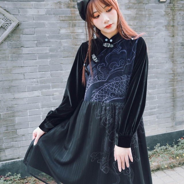 チャイナ風服 チャイナ風服 古怪舎 山海経シリーズ 闇かわいい ワンピ ベルベット レース レイヤード ロング丈 ミニ丈チャイナ服 漢服｜天使と悪魔