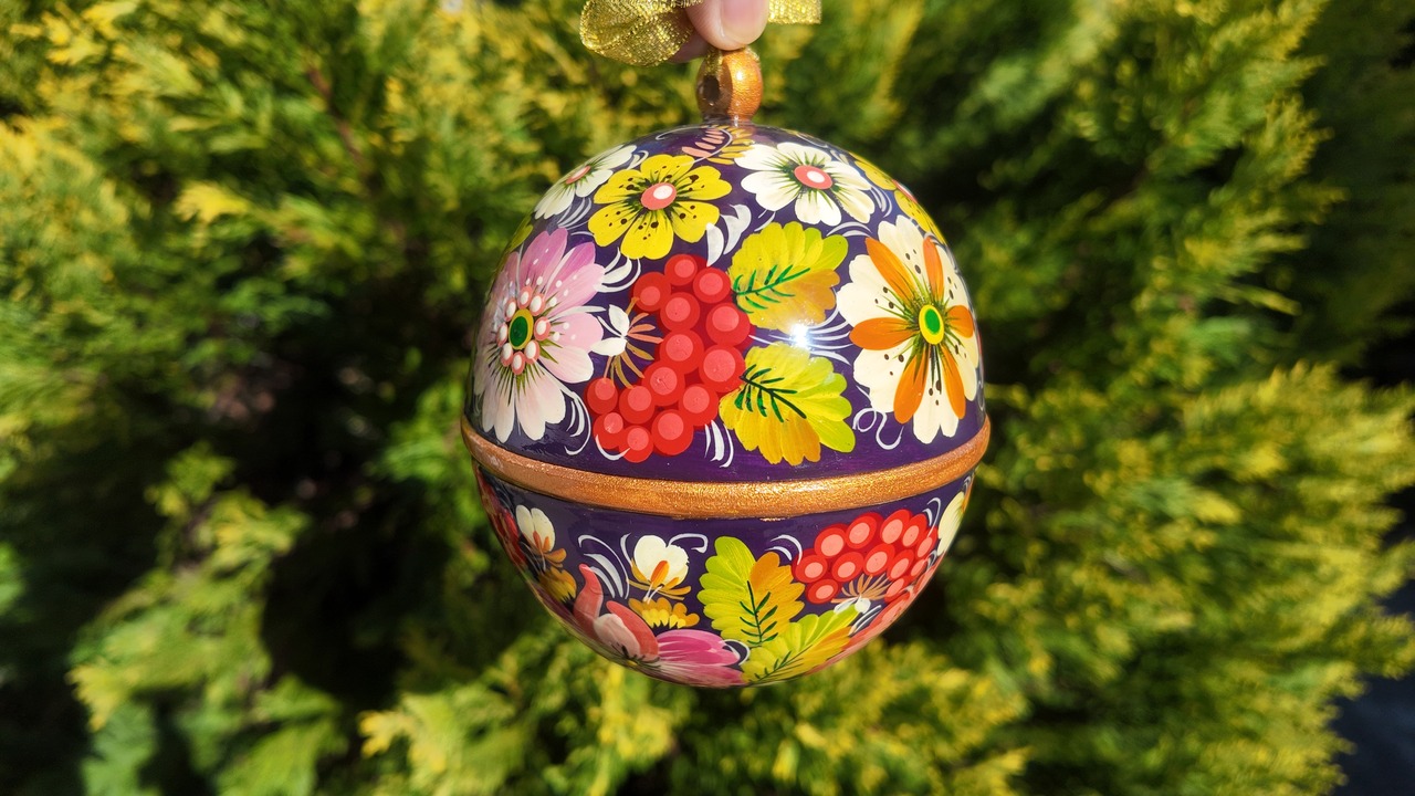 ペトリキウカ塗りの木製クリスマスオーナメント（人間国宝ホメンコ作）ダークブルー - 6