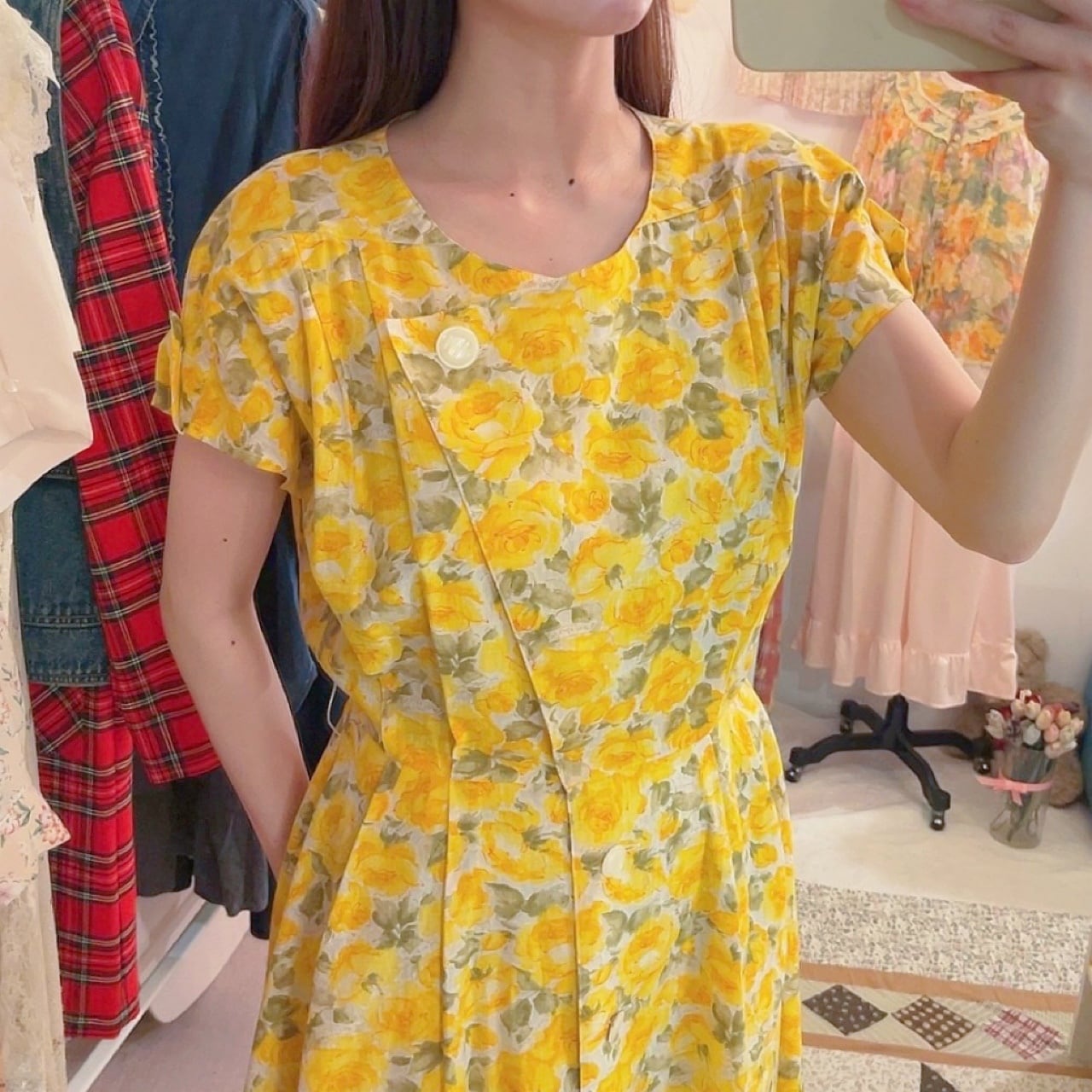 yellow rose white button one-piece