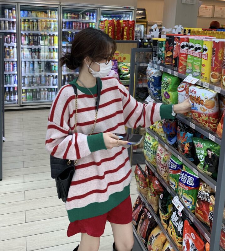 スタイルルーズストライプシャツ オータムカジュアルプルオーバー セーター コート ロング 秋物 モンロー47748517033