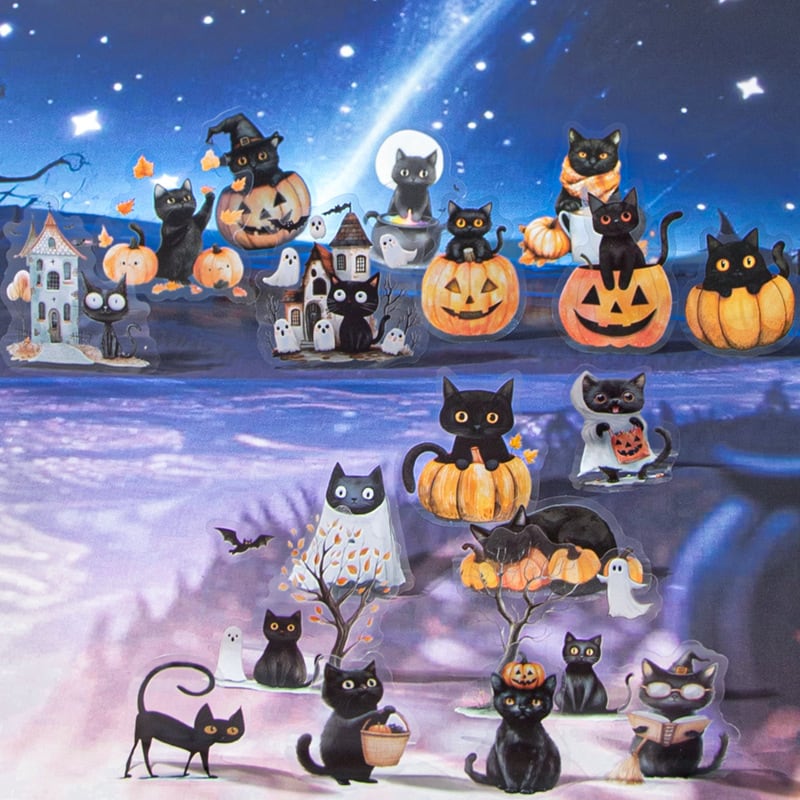 新入荷】ステッカー ハロウィンPET素材 黒猫 カボチャ 魔法 花 月 AB25