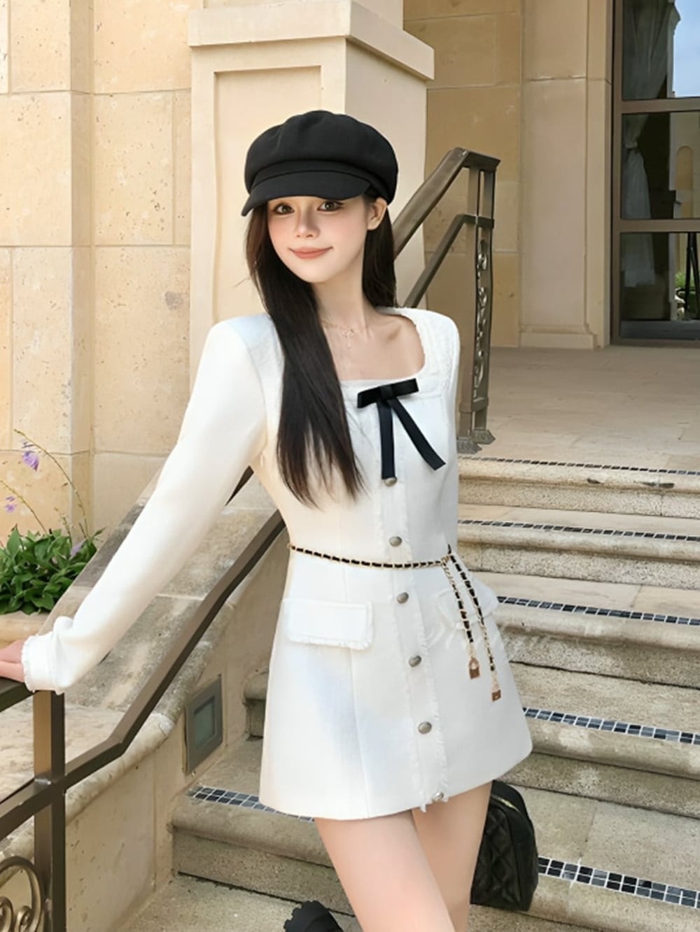 ベルトアタッチホワイトツイードモチーフリムーバブルリボンワンピース|WAHJU