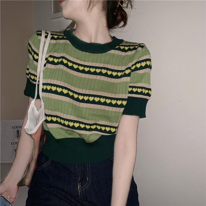 Tシャツ シャツ サマースリムショートニットトップス 夏物 1号婦人80384083769