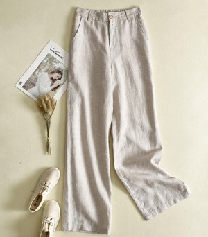【送料無料】ロングパンツ リネン きれいめ ハイウエスト 無地 体型カバー 無地 上品 シンプル ベーシック カジュアル 大人 30代 40代 グレー ベージュ ホワイト ブラック ブルー PT-107R