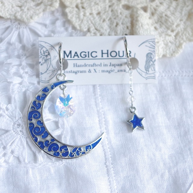 Lunar Ark │ 三日月と星のアシンメトリーイヤリング／ピアス〈East China Sea〉