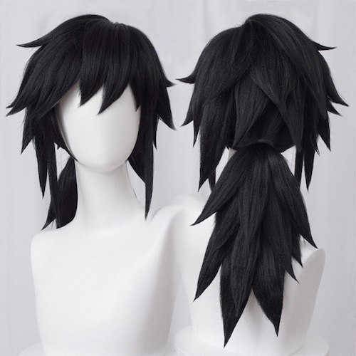 コスプレ耐熱ウィッグ ブラック 一つ結び ふかしボリューム毛質 ロング キャラクターウィッグ ★鬼滅の刃/冨岡義勇 ★どろろ/百鬼丸 ★忍たま乱太郎/浜守一郎 等 ★即納品★