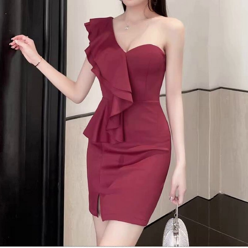 ワンショルダーシンプルドレス 4col L00077