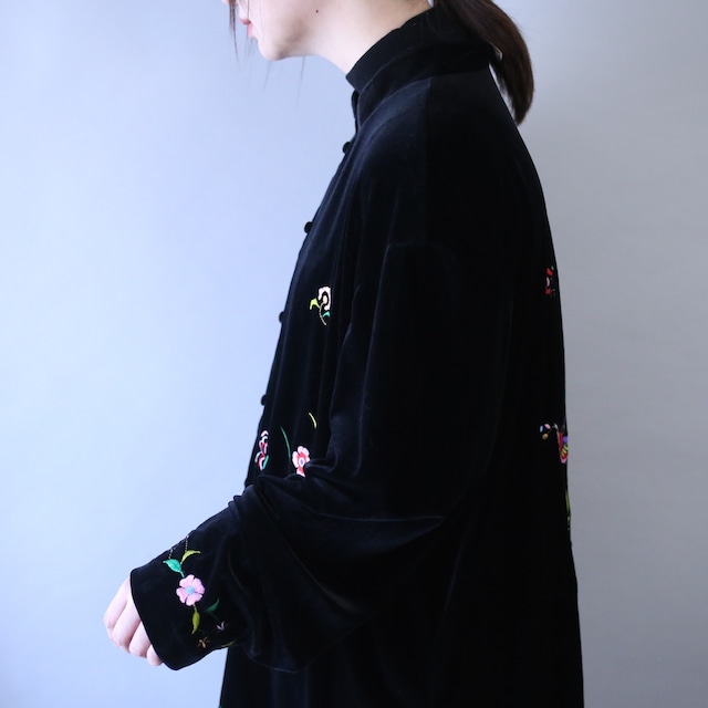 "花×鳥" 刺繍 full pattern over silhouette special velours shirt