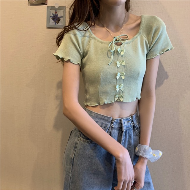 【人気上昇中 】 夏のショートスリムニット彩り Tシャツ半袖　A0601