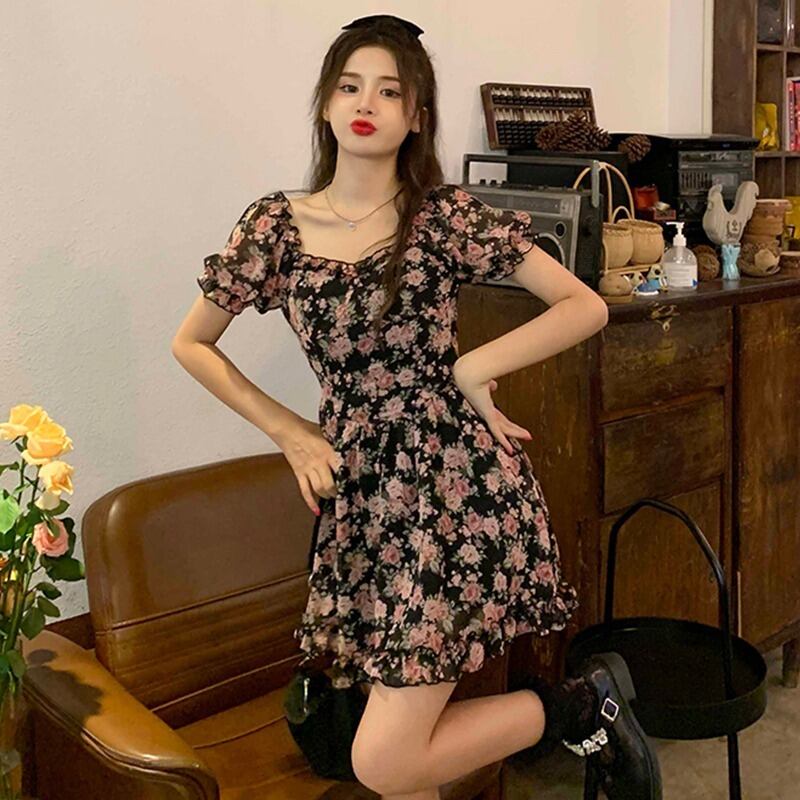 フローラルシフォンドレス サマースタンダードスリーブスカート レトロ 夏物 花柄 YY-ファッション88448052334