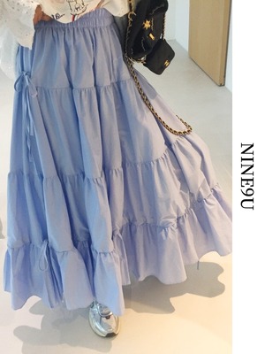 long fluffily ribbon tiered-skirt 3color【NINE7792】