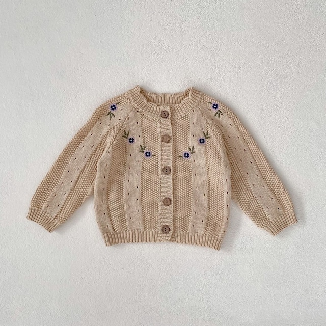 【66-100】秋ベビー 女の子コーディネート 刺繍 透かし編み ニットカーディガン