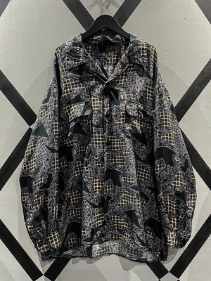【X VINTAGE】Check × Artistic Pattern Loose Open Coller Silk Shirt
