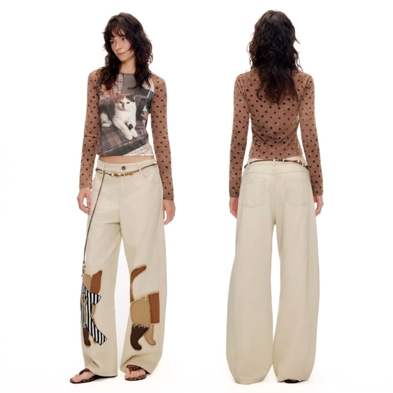 午後の書斎に眠る猫の肖像ドットスリーブトップス E00648