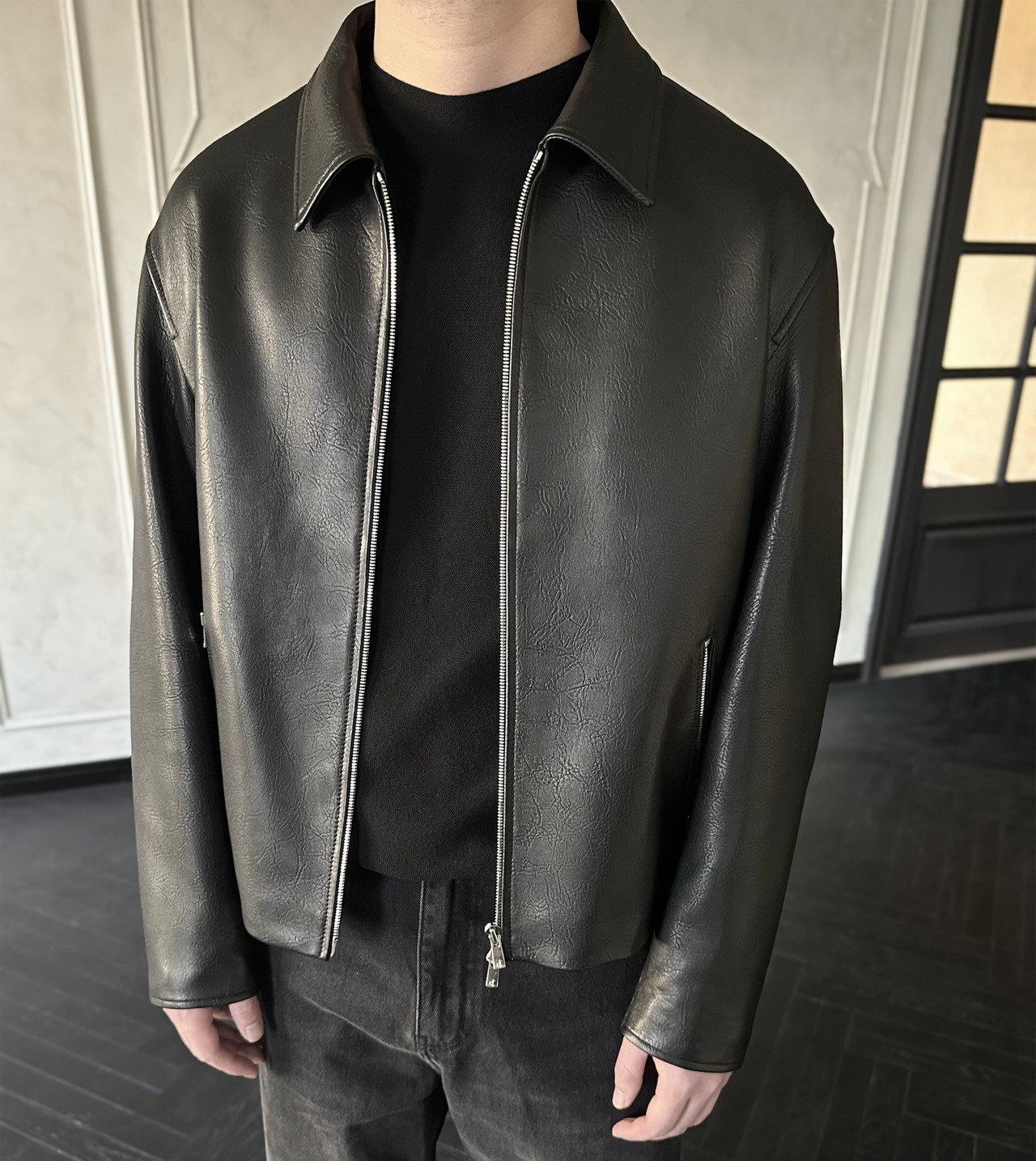 羊革のジップジャケット 黒 - 2