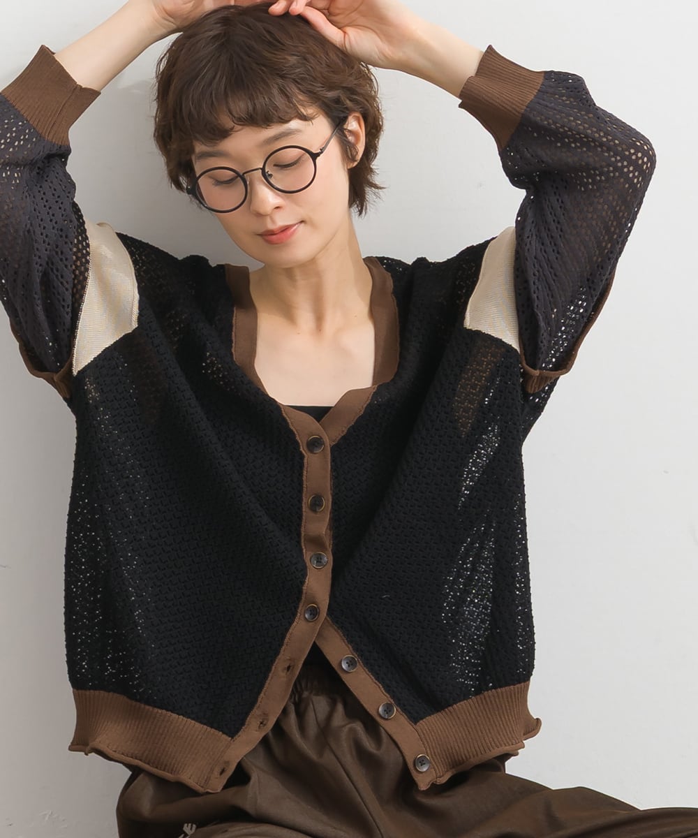 P262083 麻タッチ 配色シアー編みニットカーディガン / Linen-Touch