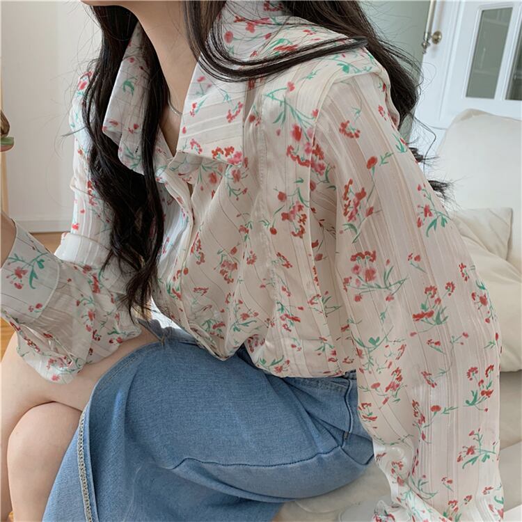 フローラルシャツ オータムルーズカジュアルトップス ロング 大人ガーリー スウィート キュート 秋物 花柄 クレセントシティ41683381393