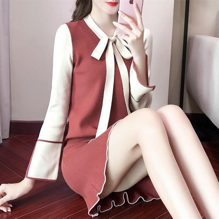 【新作】【送料無料】 秋と冬の女性のためのニットドレス新しいスタイルのリボンコントラストカラー長袖ベルスリーブスリミングボトミングセータースカート 0248482635132