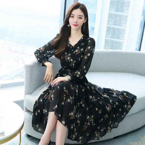 ワンピース レディースファッション ひざ丈 オシャレ ワンピ ハイウエスト 秋 冬 vネック Aライン 大きい 小さい サイズ デート ブラック S M L ２XL 3XL 通勤 花柄