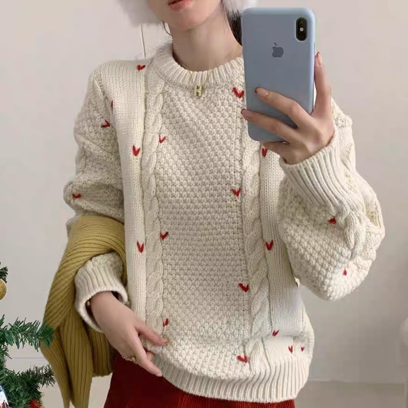 【tops】ハート柄ニットトップス Q7690