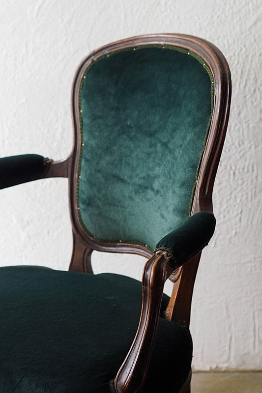 フランス　アンティーク肘掛け椅子 深いグリーンモケット張り 肘掛け椅子-antique french arm chair