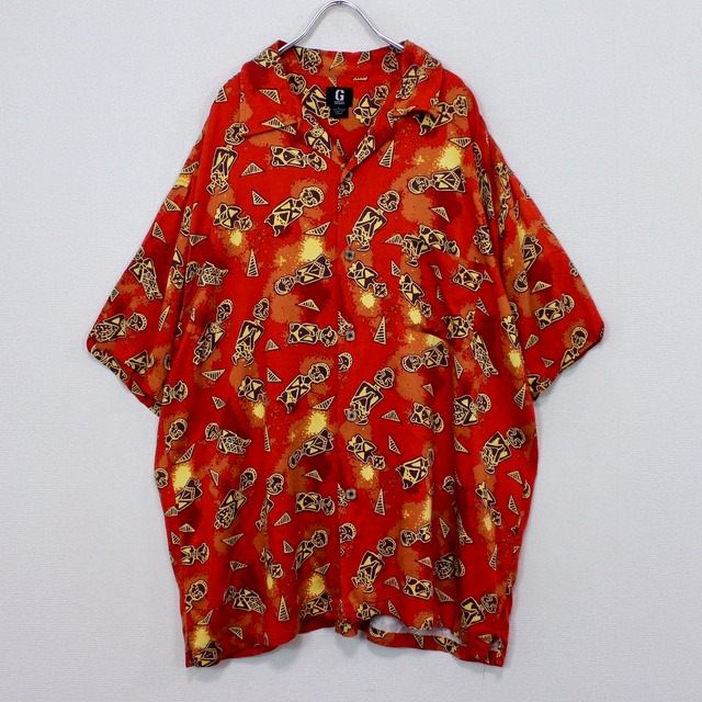 【Caka act2】"GUESS Jeans" Oriental Pattern Vintage Loose S/S Shirt