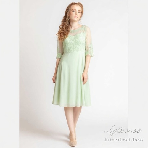 グリーン　袖付きコード刺繍レースミドル丈シフォンスカートワンピース 　Dorry Doll(ドリードールドレス）セールドレス