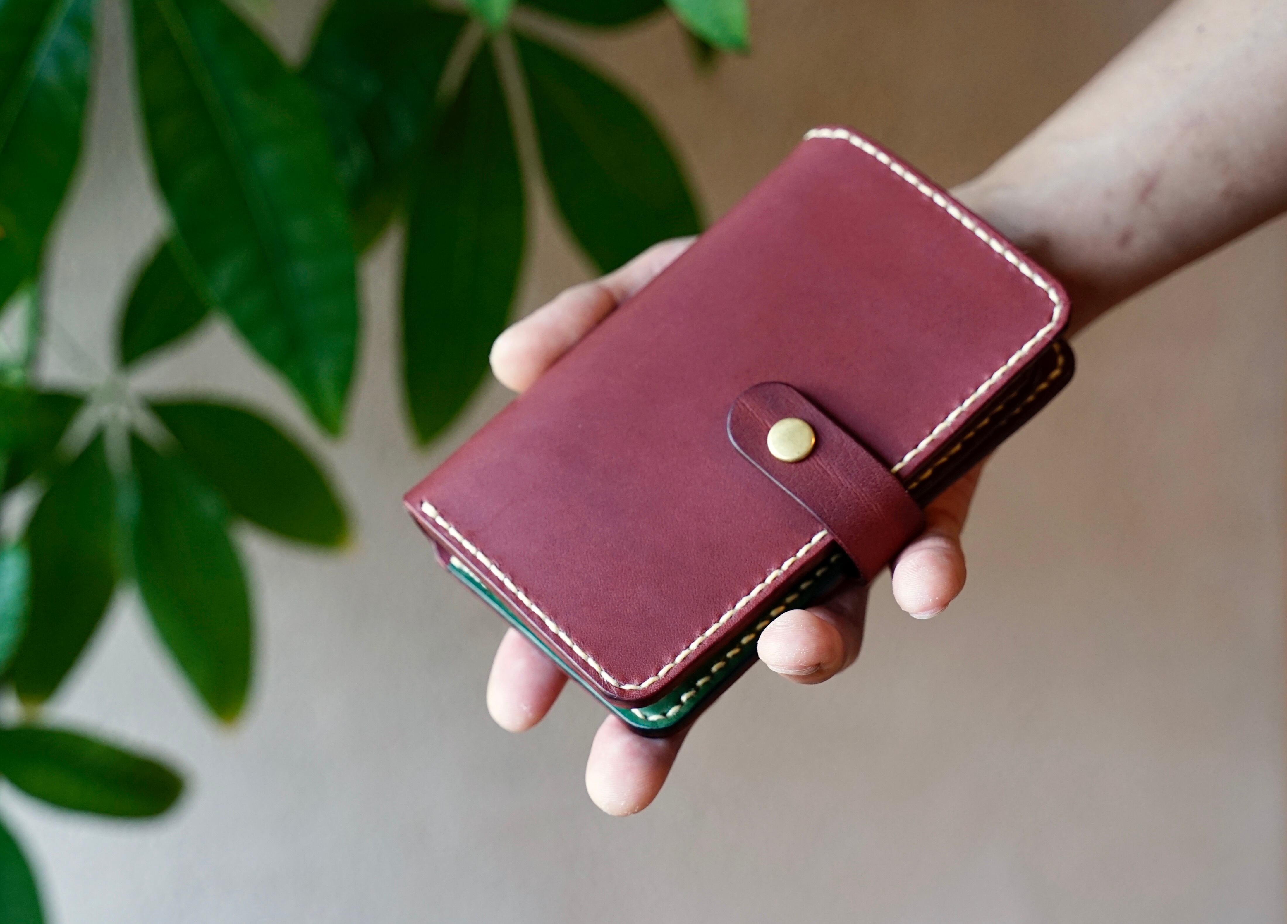 ミドルウォレット/両面カード収納（ワイン） | 革細工と