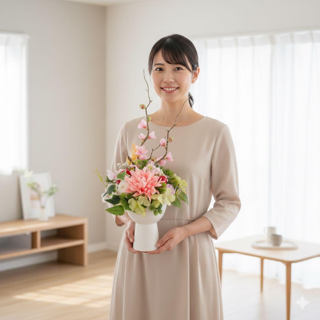 光触媒フラワー 和モダンラウンドアレンジメント｜ゴールド花器・正月アレンジ 光触媒フラワー 和モダンな正月アレンジ 正月飾り 造花 玄関インテリア
