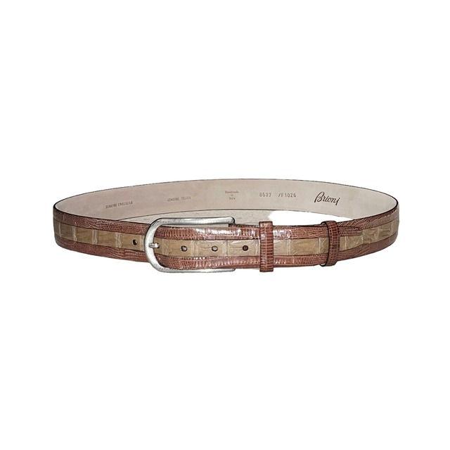 BRIONI combi-color crocodile leather belt with engraved buckle