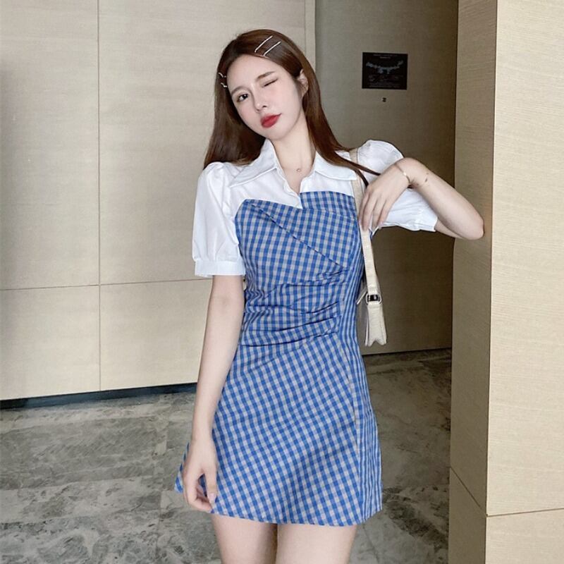 気質ドレス女神ファン2020新夏チェック柄ステッチフェイクツーピースシャツスカートウエストショートスカート 1号婦人14633197616