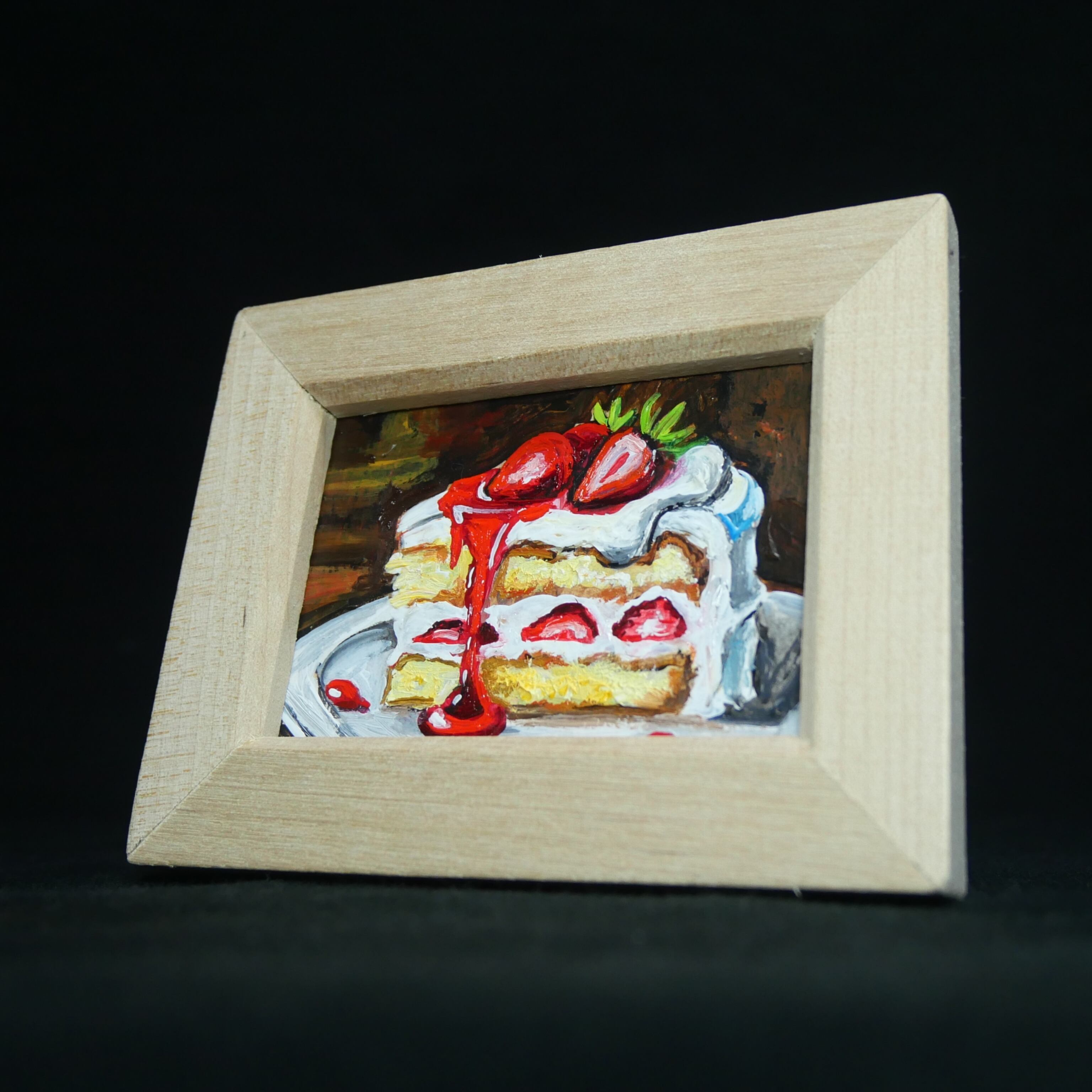 油絵 ミニ絵画額付き【ショートケーキ】手のひらサイズ 原画 油彩画