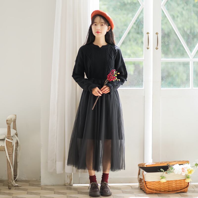 チャイナ風ワンピース ニットワンピース ロング丈ワンピース 改良唐装  