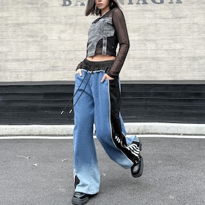DENIM STITCHED DRAWSTRING WAIST SPORTY PANTS 2colors M-15128