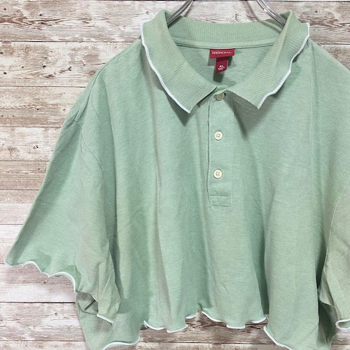 【リメイク古着】再構築ポロシャツ半袖 ハンドメイド メロウフリル ミントグリーン