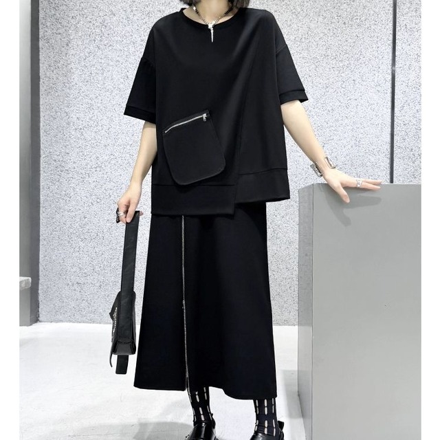 BLACK ZIP TRIMMED ROUND NECK T-SHIRT & LONG SKIRT SET 2pieces 1color M-9258